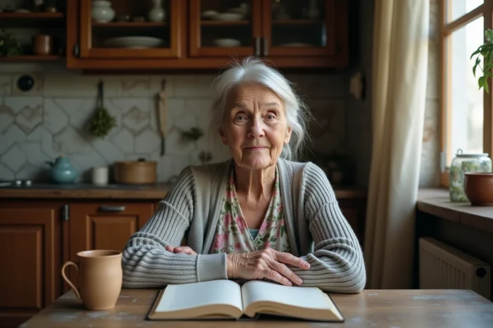 Femme âgée lisant un carnet de réflexions spirituelles dans une cuisine authentique, représentant la sagesse et la foi