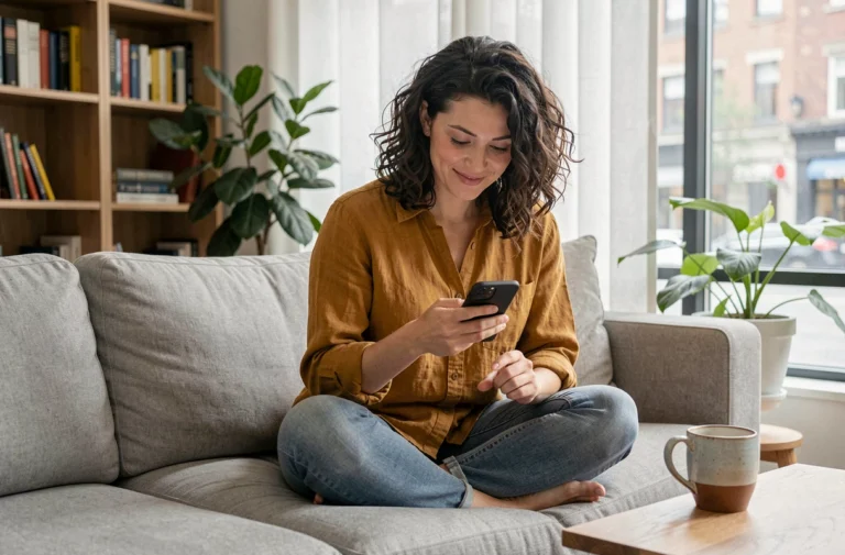 Femme organisant ses loisirs et sorties via une application mobile sur smartphone dans un salon moderne