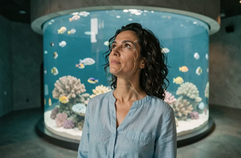 Femme admirant les poissons colorés dans un grand aquarium à La Ciotat, reflets aquatiques sur son visage