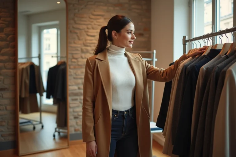 Femme élégante en trench coat camel parcourant les vêtements dans une boutique parisienne moderne