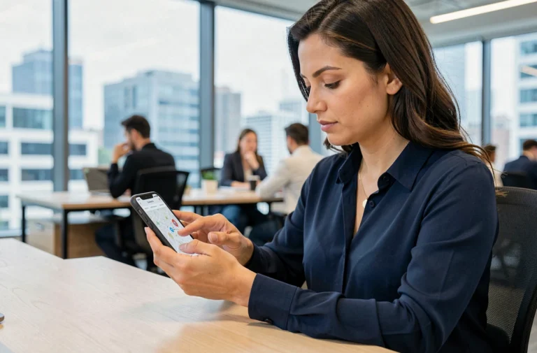 Femme professionnelle consultant l'application Deveryloc sur smartphone dans un bureau moderne pour suivre ses équipements