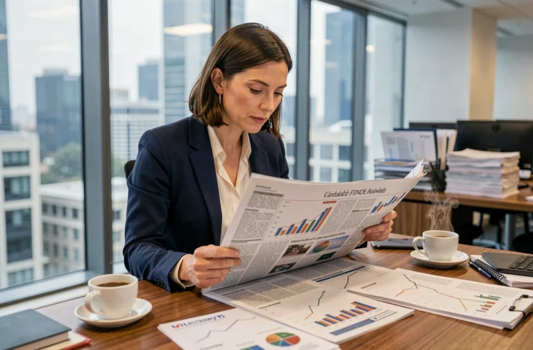 Femme cadre lisant les actualités financières au bureau avec graphiques et journaux économiques