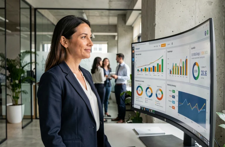 Femme cadre en blazer marine analysant des tableaux de bord business sur grand écran dans un bureau moderne en 2024
