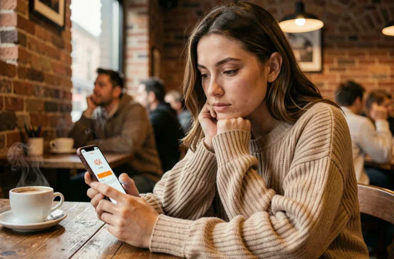 Jeune femme songeuse dans un café regardant un message d'erreur 404 sur son téléphone, symbolisant l'amour perdu ou une connexion émotionnelle introuvable