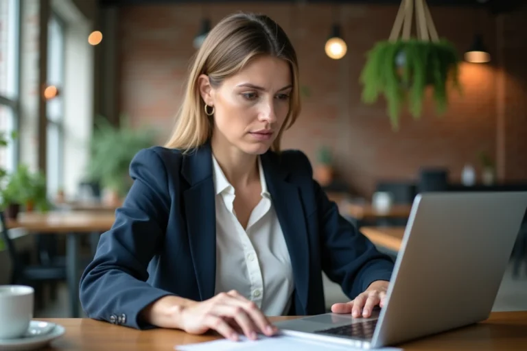 Femme consultant un catalogue de formations éligibles au CSP sur son ordinateur portable dans un espace de coworking moderne