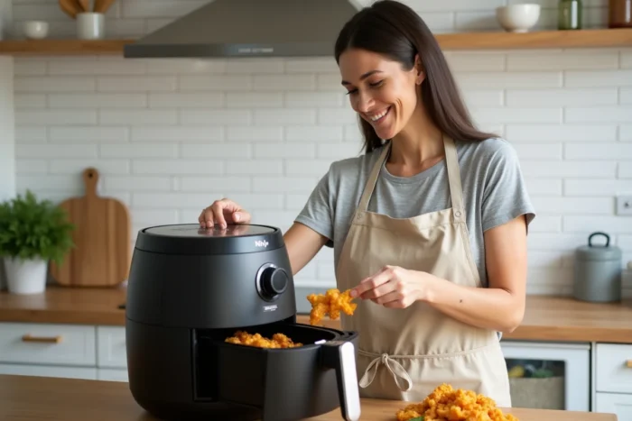 Femme utilisant un air fryer Ninja dans une cuisine moderne pour préparer des légumes croustillants