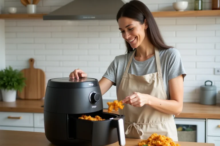 Femme utilisant un air fryer Ninja dans une cuisine moderne pour préparer des légumes croustillants