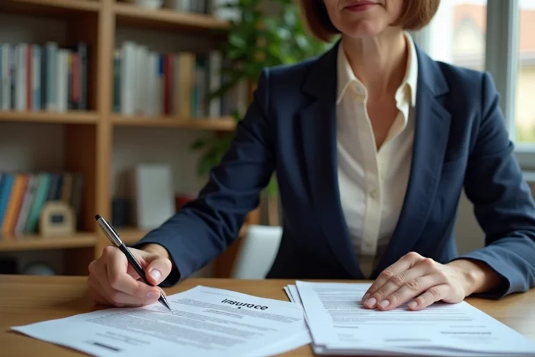 Femme consultant des documents d'assurance immobilière à son bureau à domicile