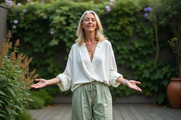 Femme pratiquant une pose d'éveil énergétique en extérieur dans un jardin verdoyant aux teintes naturelles des chakras