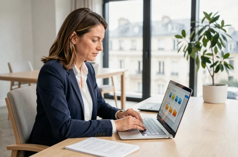 Femme professionnelle consultant une interface de gestion de documents en ligne sur un ordinateur portable dans un bureau moderne