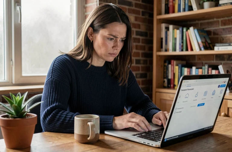 Femme concentrée gérant ses mots de passe sur un ordinateur portable dans un bureau à domicile, illustrant les bonnes pratiques de cybersécurité au quotidien