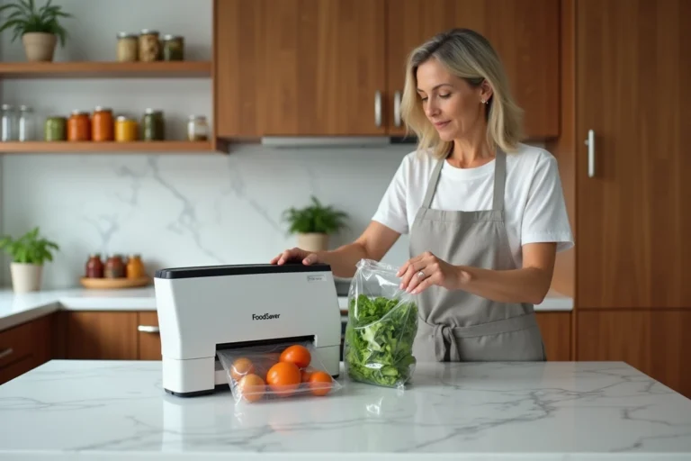 Femme utilisant une machine FoodSaver pour mettre sous vide des légumes frais dans une cuisine moderne