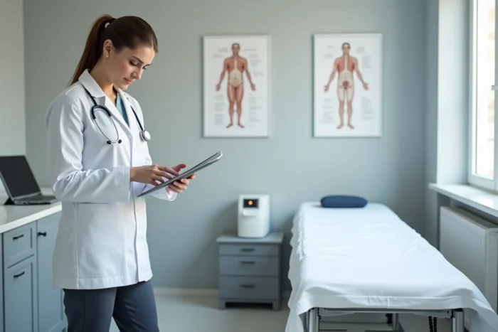Femme médecin généraliste debout dans une salle de consultation moderne consultant une tablette numérique dans un cabinet médical en France