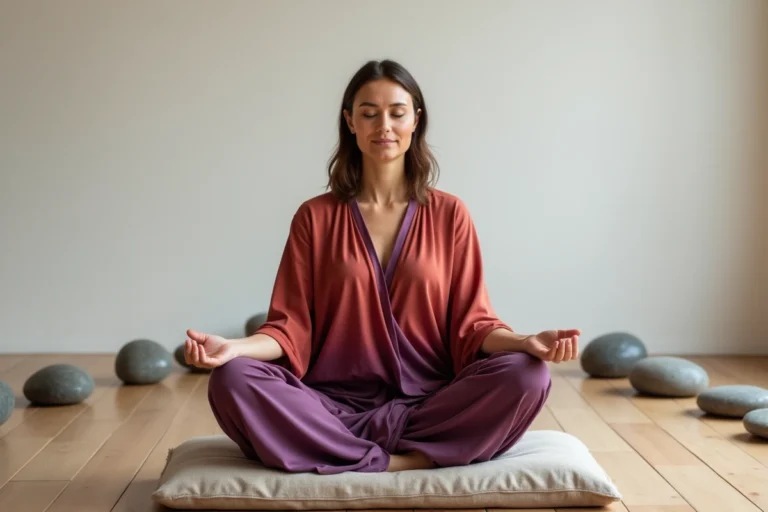 Femme en méditation portant des vêtements aux couleurs des chakras sur un coussin en lin naturel dans un studio épuré