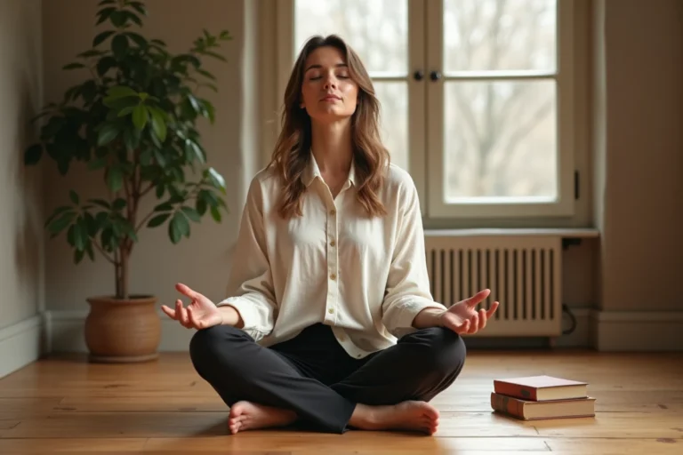 Femme en méditation sur un parquet en bois, symbolisant la paix intérieure et la spiritualité au quotidien