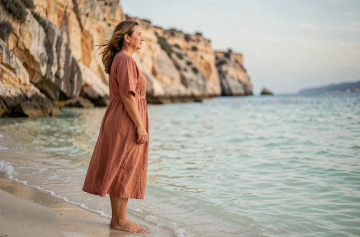 Femme contemplant la mer sur la plage de Balos en Crète, atmosphère mystérieuse avec les falaises calcaires et les eaux laiteuses de la lagune