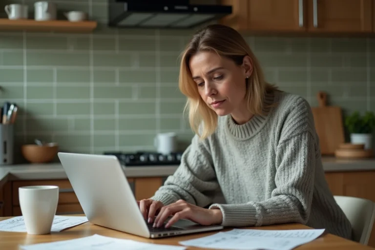 Femme consultant une plateforme de travaux à domicile sur son ordinateur portable dans une cuisine