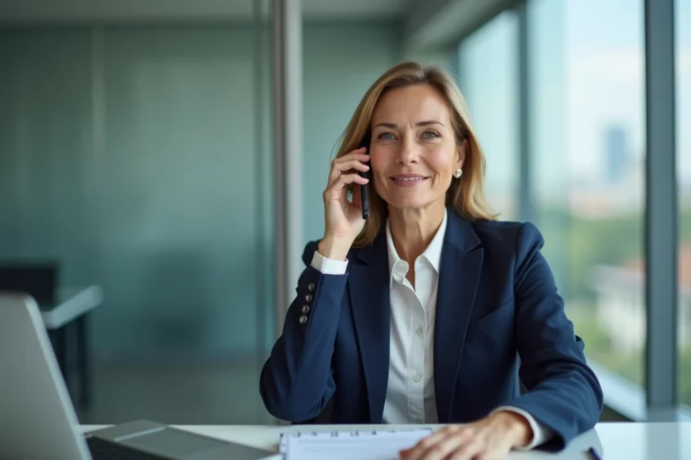 Femme professionnelle passant un appel téléphonique avec l'indicatif 04 12 depuis son bureau
