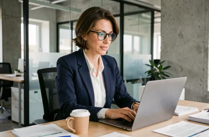 Femme professionnelle utilisant un logiciel de gestion d'entreprise sur un ordinateur portable dans un bureau moderne