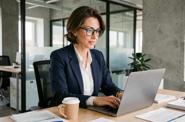 Femme professionnelle utilisant un logiciel de gestion d'entreprise sur un ordinateur portable dans un bureau moderne