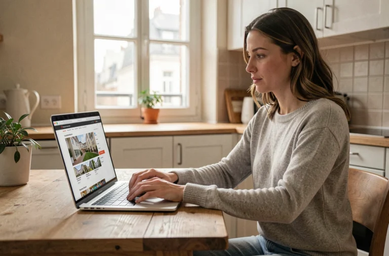 Femme cherchant un bien en location sur une plateforme immobilière en ligne depuis son appartement