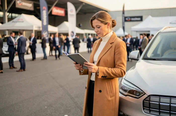 Femme passionnée d'automobile consultant une brochure numérique lors d'un salon automobile en plein air en 2024
