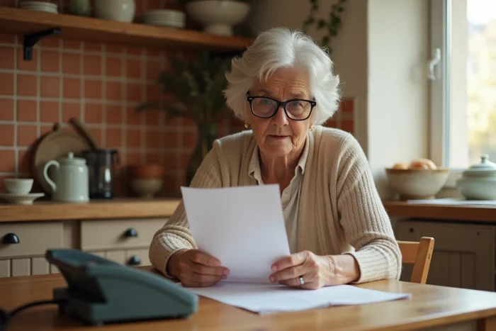 Femme senior examinant une facture téléphonique avec un numéro en 04 12 dans une cuisine française traditionnelle