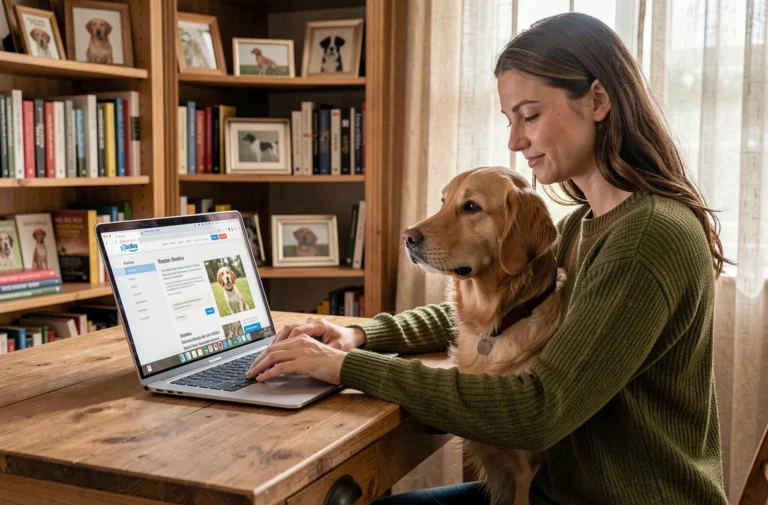 Femme consultant un site web d'éducation canine sur son ordinateur portable avec son golden retriever à ses côtés