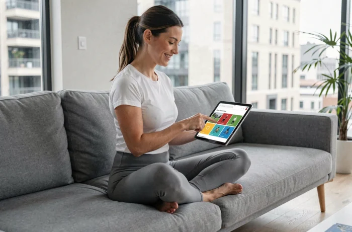 Femme sportive consultant un plan de site de sports en ligne sur une tablette dans un salon moderne