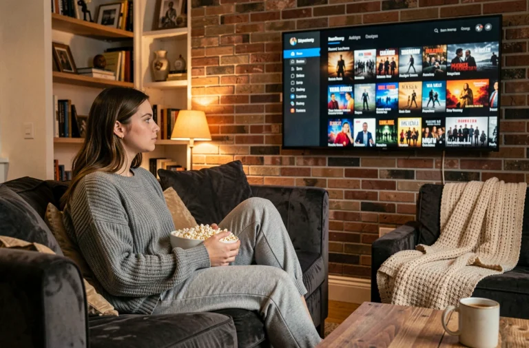 Jeune femme regardant une plateforme de streaming sur sa télévision depuis son canapé confortable
