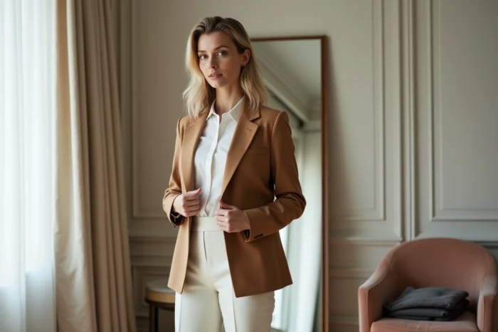 Femme élégante en blazer camel ajustant sa tenue devant un miroir dans un appartement parisien minimaliste