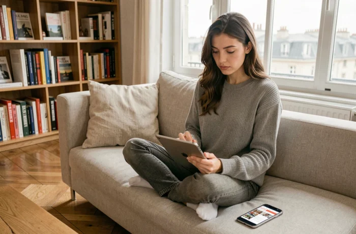 Jeune femme consultant l'actualité française sur une tablette dans un appartement parisien moderne