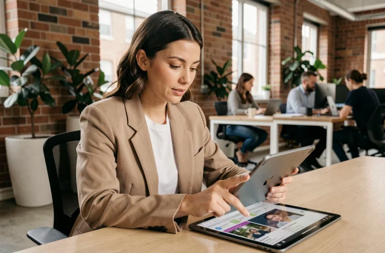 Jeune femme consultant les dernières tendances en ligne sur une tablette dans un espace de travail moderne