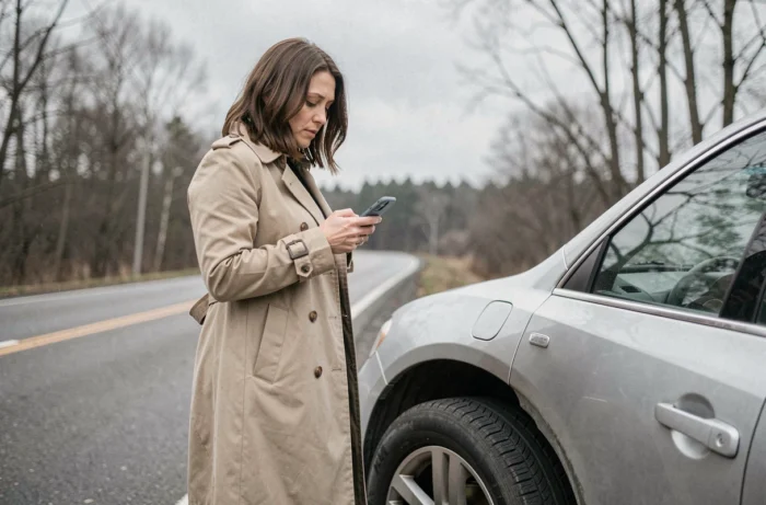 Femme debout à côté de sa voiture en panne sur le bord de la route avec un pneu crevé, illustrant les imprévus automobiles
