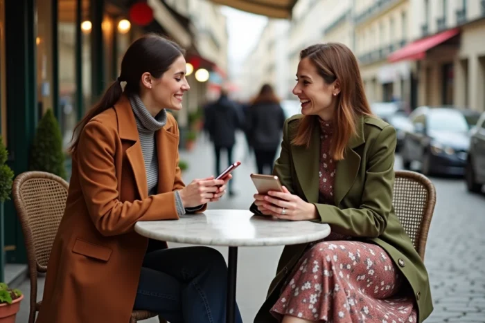 Deux femmes stylées discutant mode en terrasse de café parisien en tenues d'automne tendance