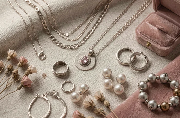 Flat lay de bijoux Etam tendance, colliers, bagues empilées, boucles d'oreilles perles sur tissu lin, style magazine mode