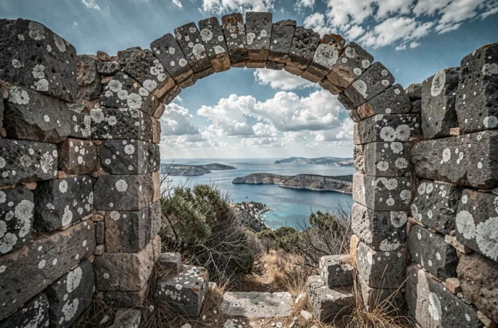 Ruines de la forteresse vénitienne de Gramvousa avec vue sur la lagune de Balos en Crète, pierres anciennes encadrées par une arche en ruine