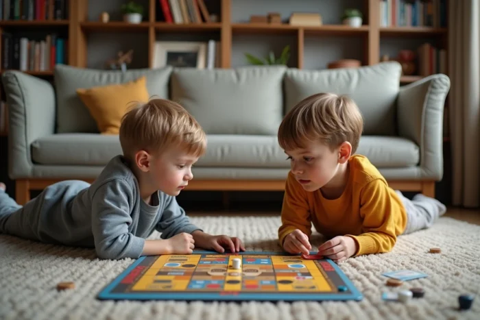 Deux frères jouant à un jeu de société sur le tapis du salon, partageant un moment de jeu complice à la maison