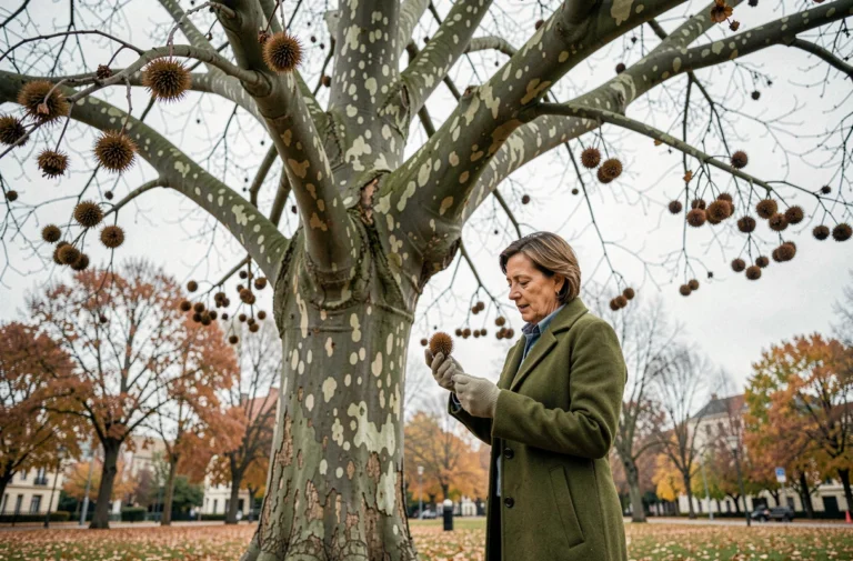 Femme examinant les fruits du platane sous un grand arbre en automne dans un parc urbain