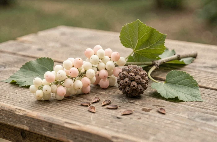 Comparaison des fruits du platane et des mûres blanches posés sur une table en bois rustique