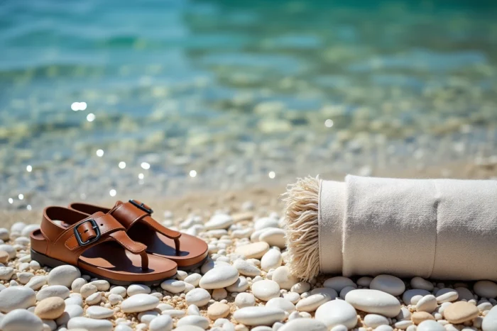 Gros plan sur les galets blancs et l'eau cristalline de la plage sauvage des 3 Pointes à Bonifacio en Corse