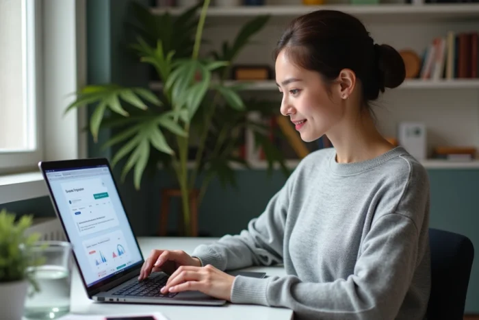 Femme gérant son compte en ligne Mon Proxima sur un ordinateur portable depuis son bureau à domicile