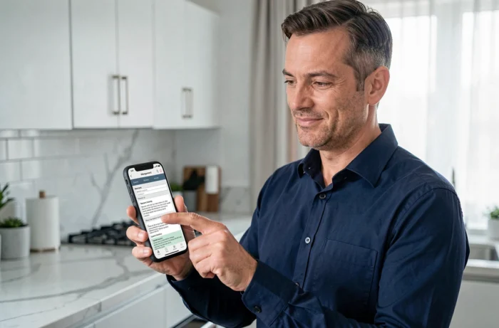 Homme gérant ses documents locatifs sur smartphone via l'application MyFoncia dans une cuisine moderne