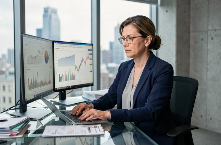 Femme dirigeante analysant des tableaux de bord financiers sur écrans double dans un bureau moderne avec vue sur la ville