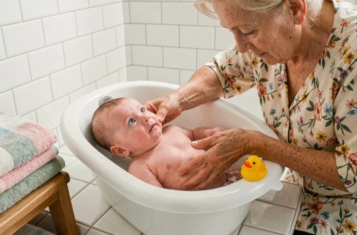 Grand-mère donnant le bain à son petit-enfant bébé dans une salle de bain familiale avec des serviettes douces
