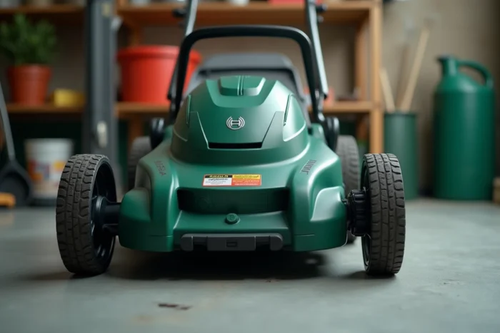 Gros plan sur le panneau de commande et la poignée ergonomique de la tondeuse Bosch AdvancedRotak 770 dans un garage