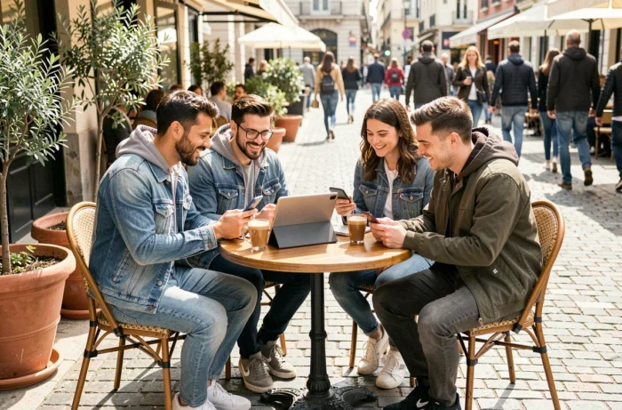 Groupe d'amis planifiant des sorties ensemble avec des smartphones autour d'une table de café en terrasse urbaine