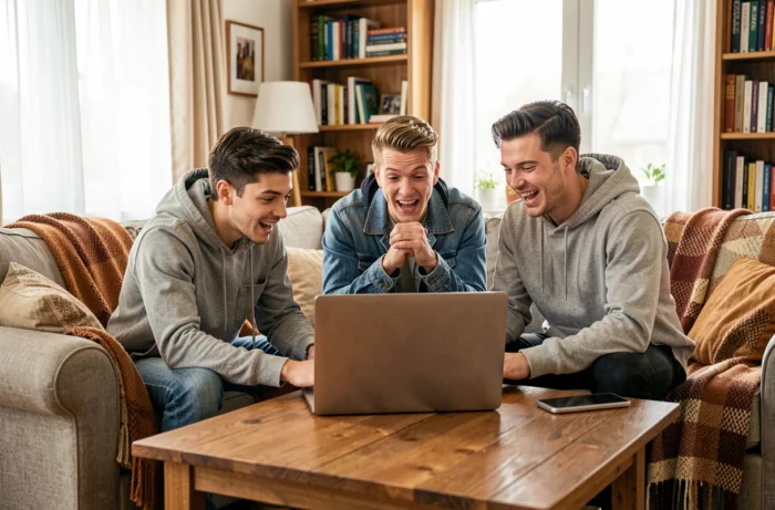 Groupe d'amis réagissant ensemble aux dernières tendances et actualités virales sur un ordinateur portable