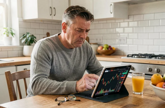 Homme consultant les actualités boursières sur une tablette à la maison le matin