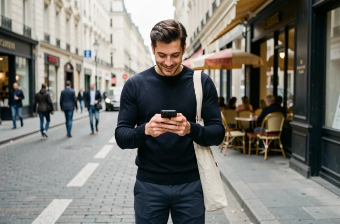 Jeune homme connecté aux actualités tendances sur smartphone dans une rue animée de la ville